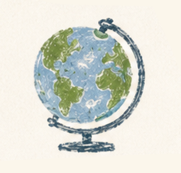 Illustration of a globe showing Earth placed on a stand with a curved arm around it.