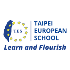 Logo of Taipei European School with emblem of the EU stars and the text 'Learn and Flourish'.