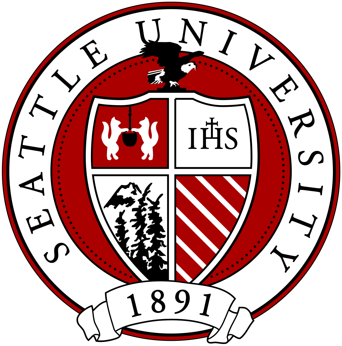 Seal of St. Thomas University with a shield divided into four quadrants, a bald eagle perched above, and the year 1891 at the bottom.
