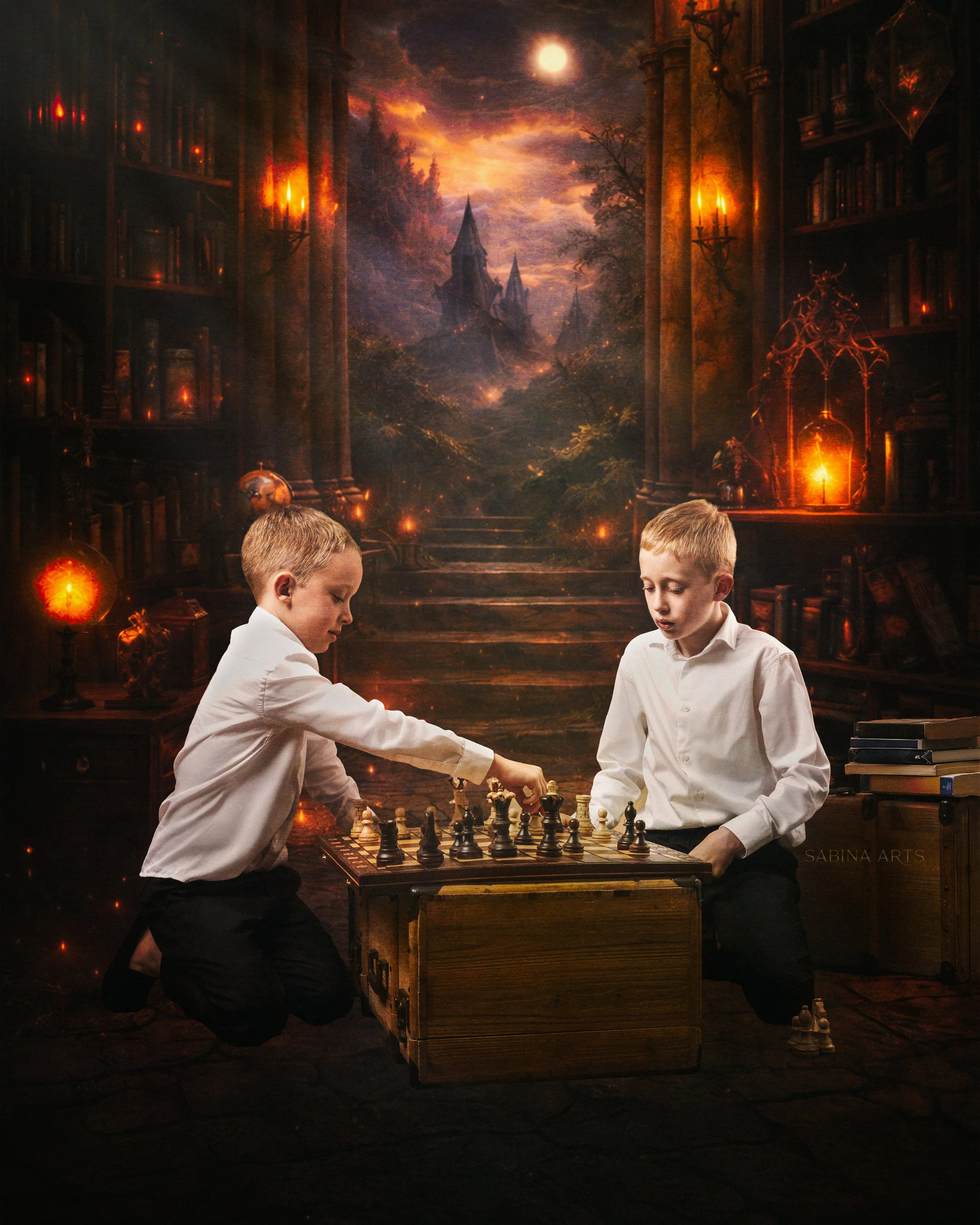 Two young boys in white shirts playing chess on a wooden table in a room with dark shelves filled with books and glowing candle sconces. A large, atmospheric painting of a castle under a glowing sky is hanging on the wall behind them.