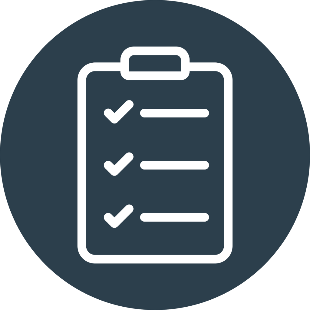 Icon of a clipboard with a checklist and three check marks inside a dark blue circle.