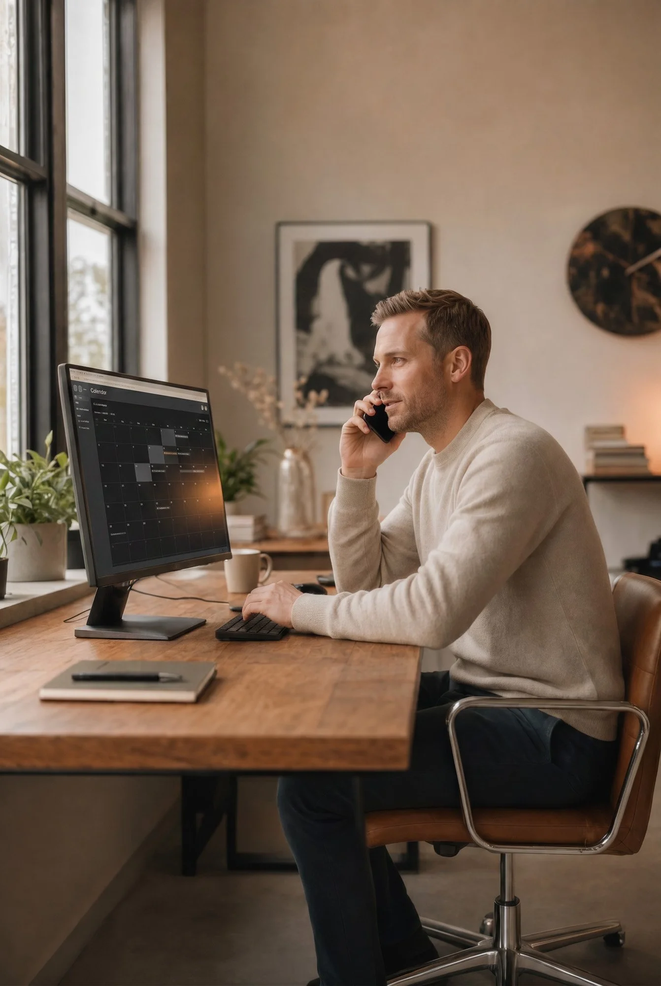 Mies istuu työpöytänsä edessä ja puhuu puhelimeen. Hänellä on tietokone ja paperit pöydällä, tila on moderni ja sisustettu taiteella ja kasveilla.