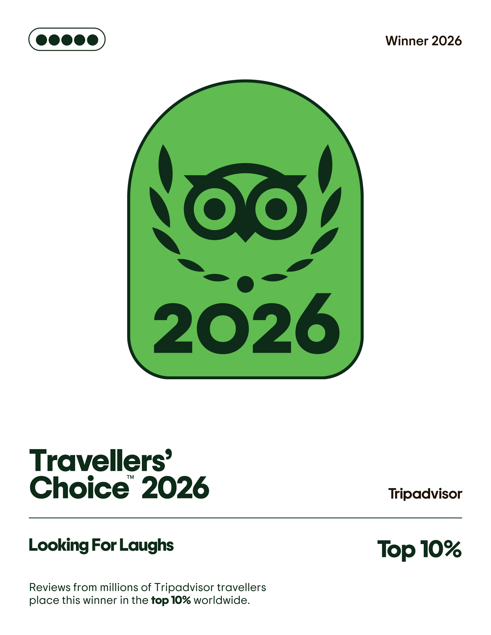 Travelers' Choice 2026 badge with green design and owl emblem, awarded by TripAdvisor, indicating top 10% global travel reviews.