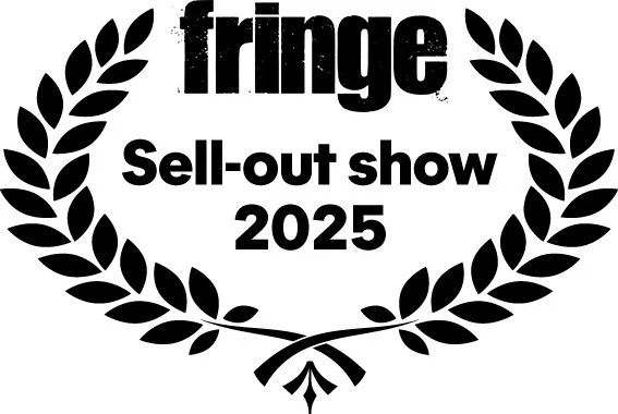 Logo for the 2025 Fringe Sell-out Show, featuring bold black text and a laurel wreath design.