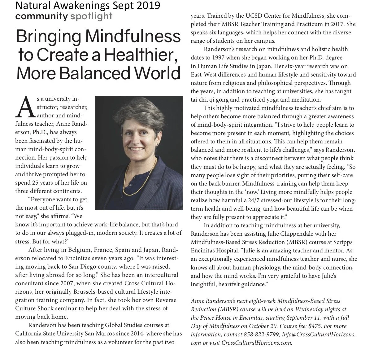 Bringing mindfulness to create a healthier, more balanced world (Natural Awakenings September 2019)