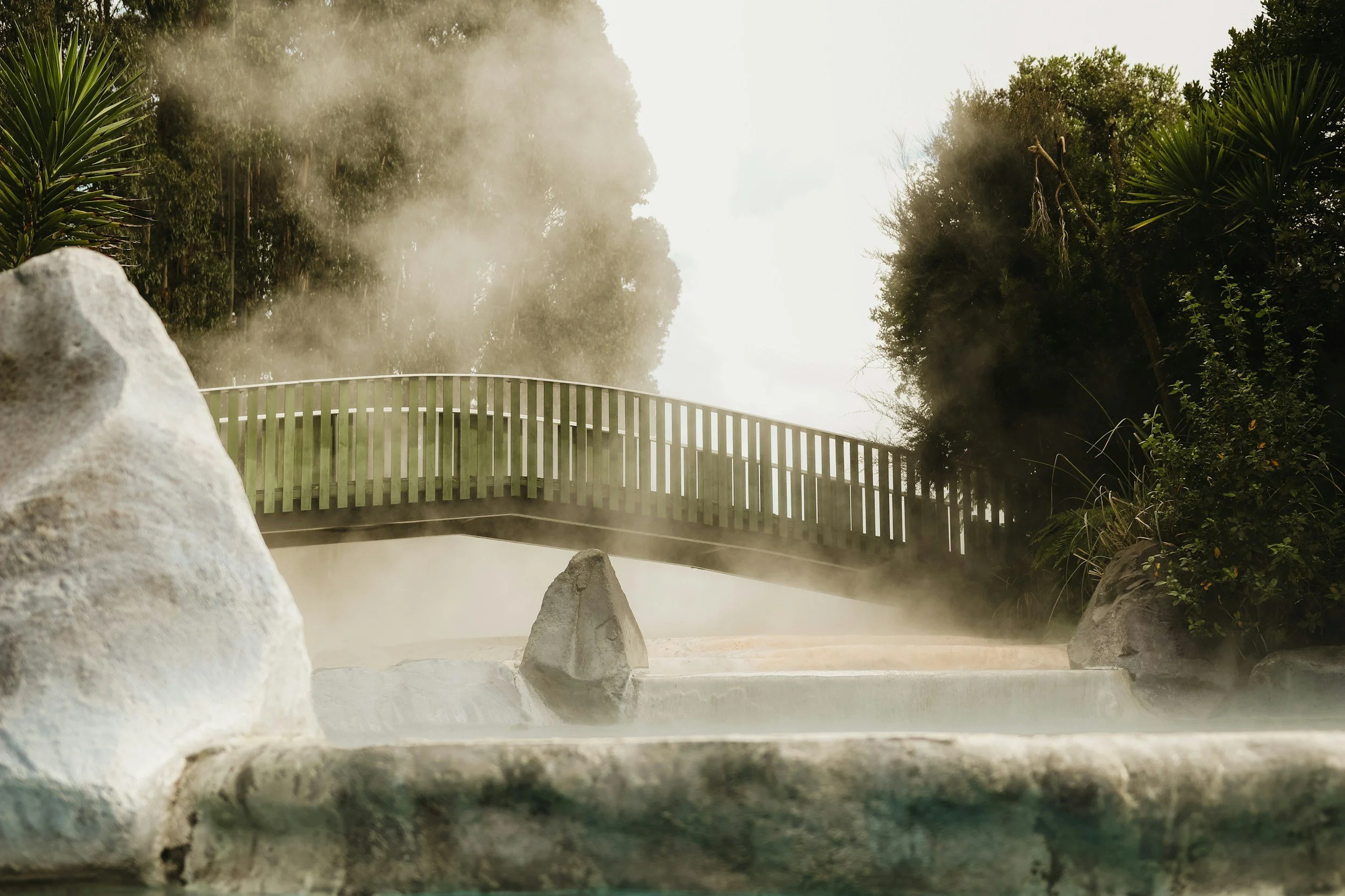 Steam rises over a rocky hot spring surrounded by greenery and a wooden bridge.