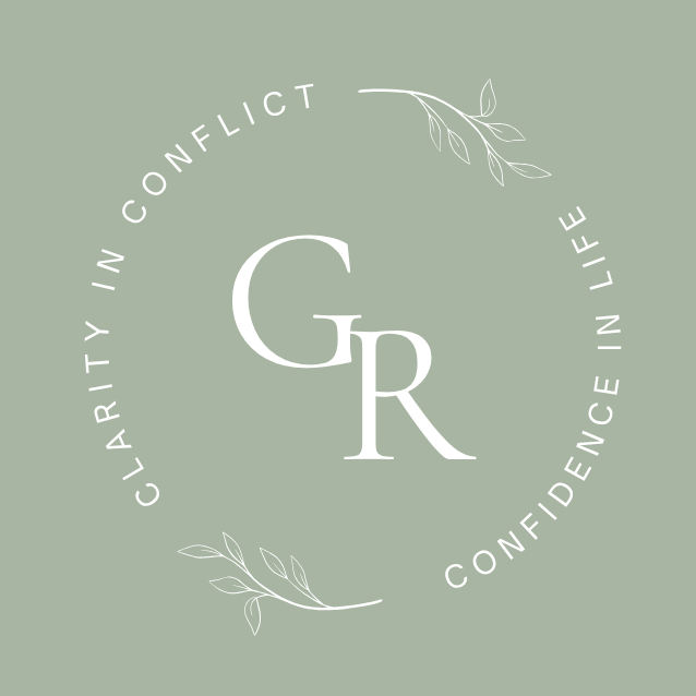 Design with the initials G and R inside a circular arrangement of the phrases "Clarity in Conflict" and "Confidence in Life," decorated with simple line drawings of leaves on a muted green background.