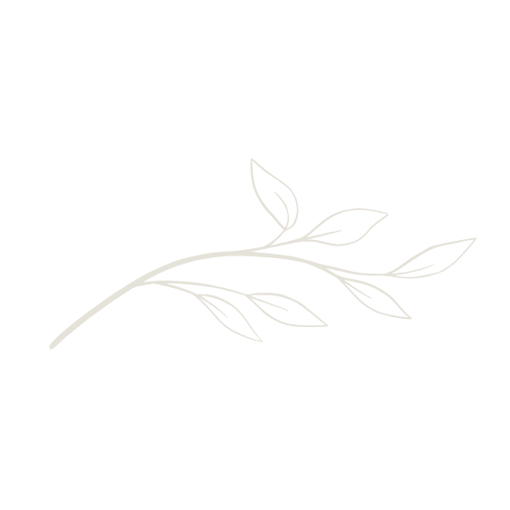White line drawing of a flower branch with leaves on a black background.