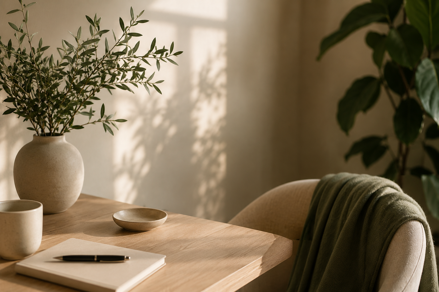 A cozy, minimalist dining area with a wooden table, a vase with green foliage, a small bowl, a mug, and a notebook with a pen. A beige upholstered chair with a green throw draped over it is beside the table, and there are trailing houseplants in the background. Soft natural light casts shadows on the wall.