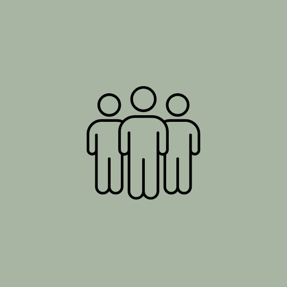 Simple black outline icon of three people standing together on a light green background.