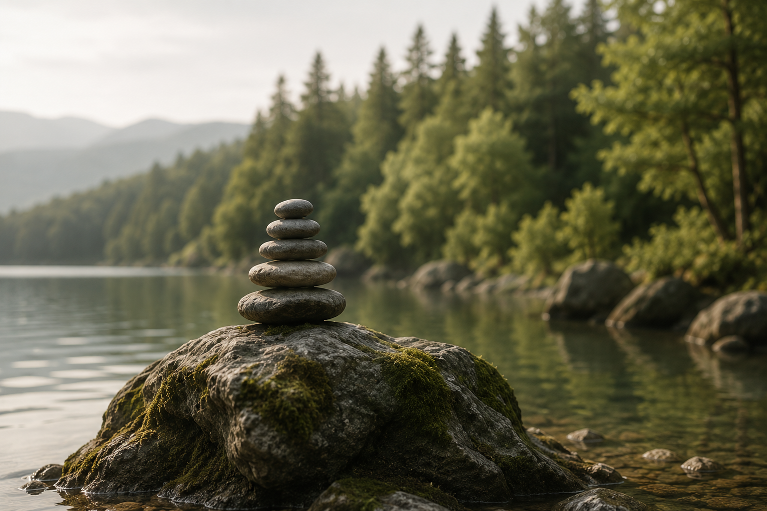 Stack of seven smooth gray stones in a pyramid shape on a mossy rock by a lake, with a forest and mountains in the background.