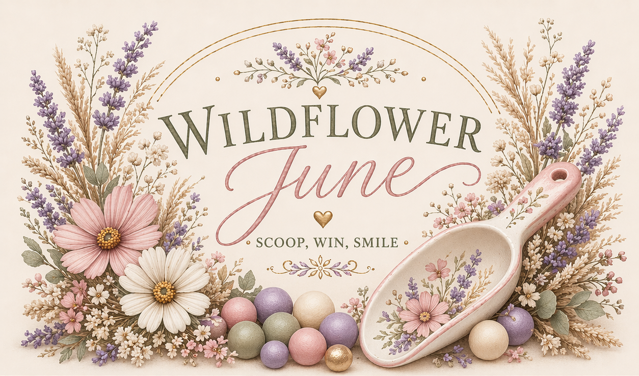 Decorative floral background with pink, white, purple, and beige flowers, a painted ceramic scoop with flowers inside, and pastel-colored eggs, with the text 'Wildflower June - Scoop, Win, Smile' in the center.