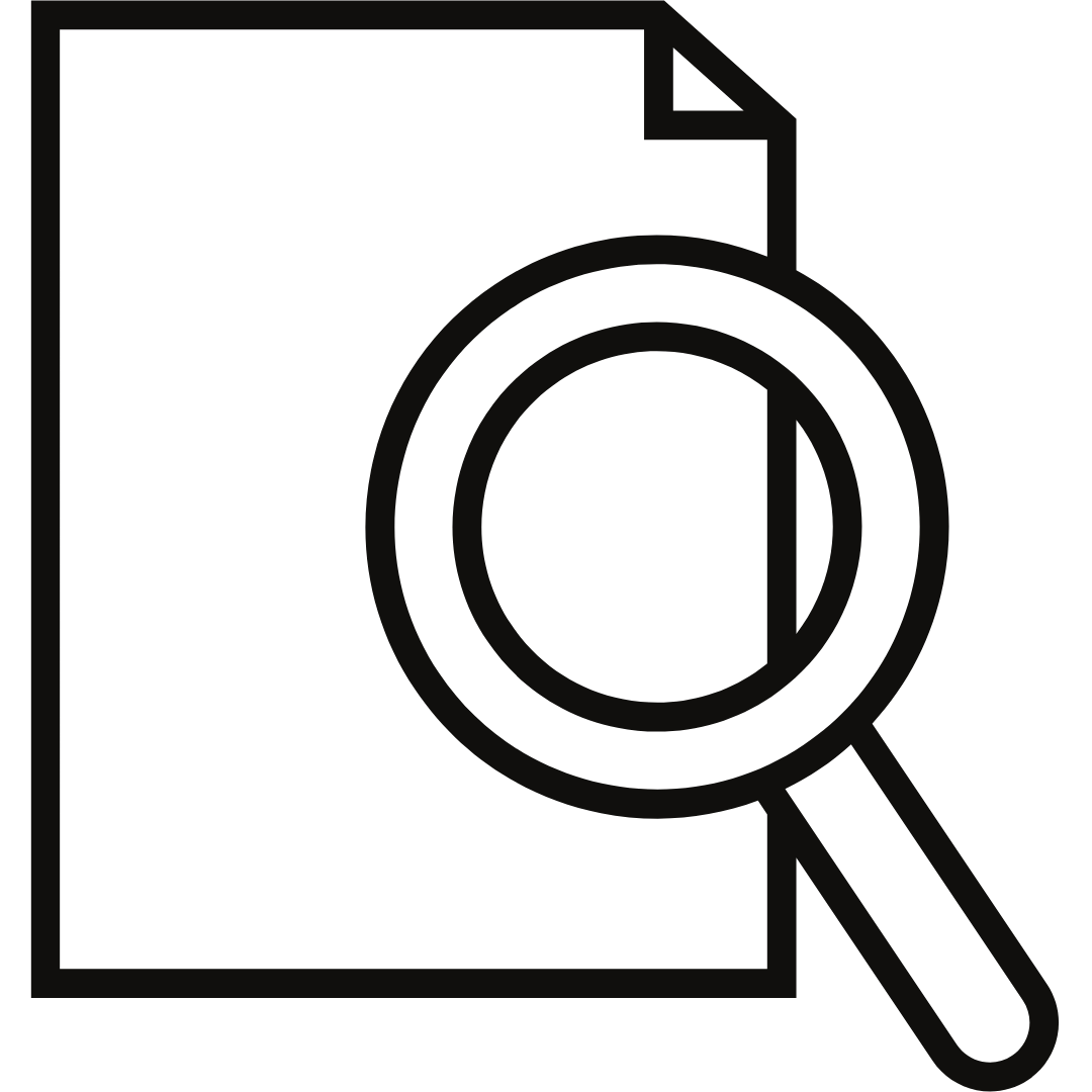 Black icon of a magnifying glass over a document.