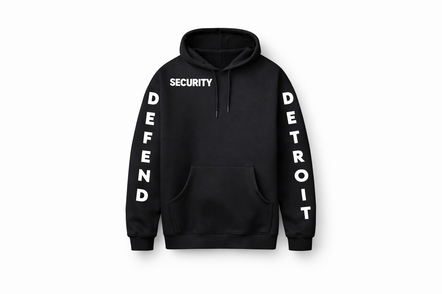 Black hoodie with white text reading 'SECURITY' on the front and 'DEFEREND' on the left sleeve and 'DETRUIT' on the right sleeve.