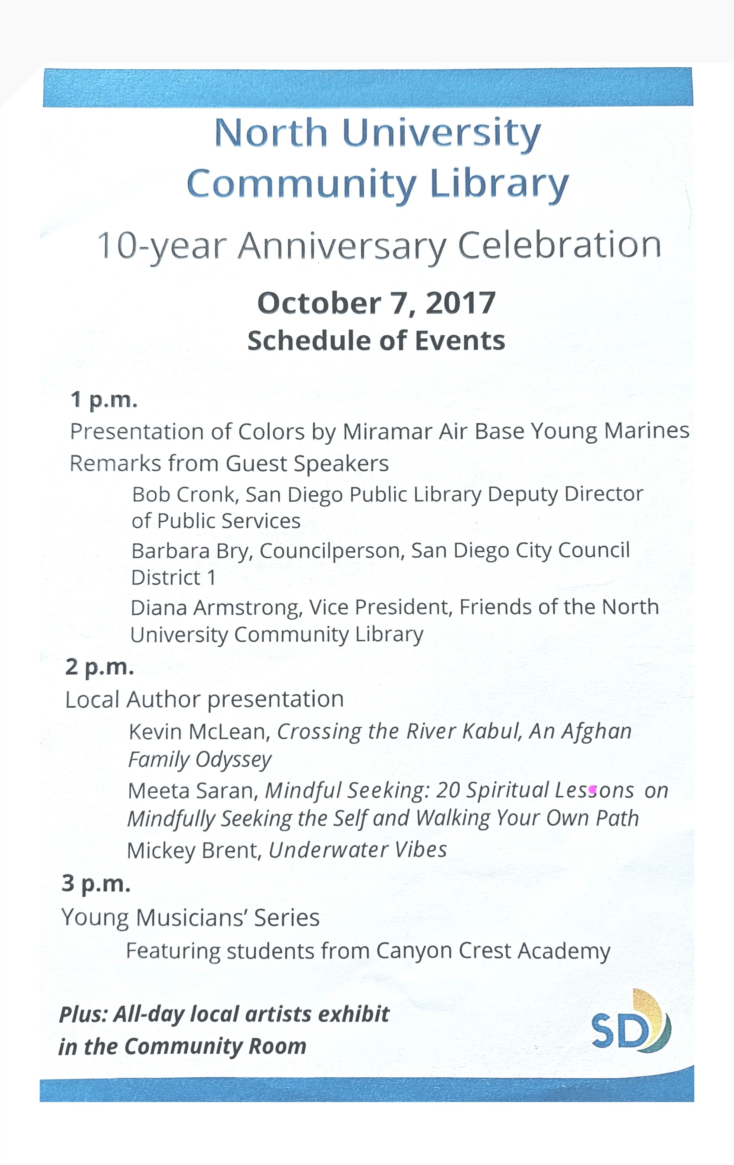 Book Presentations &amp; Author Signings at the North University Community Branch&nbsp;Library, La Jolla, CA, October 7, 2017