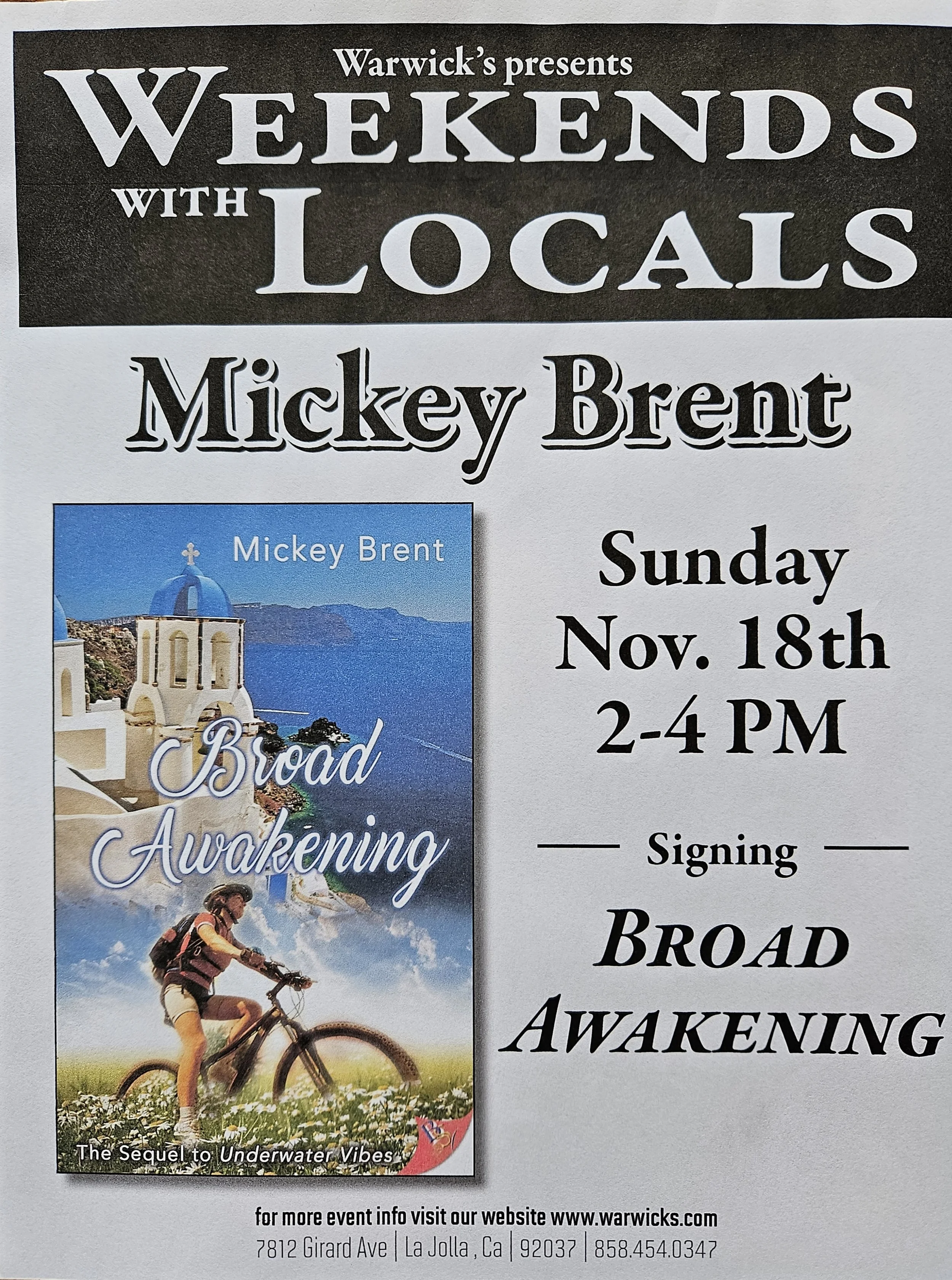 Broad Awakening Book Signing on November 18th at Warwick’s, La Jolla, CA