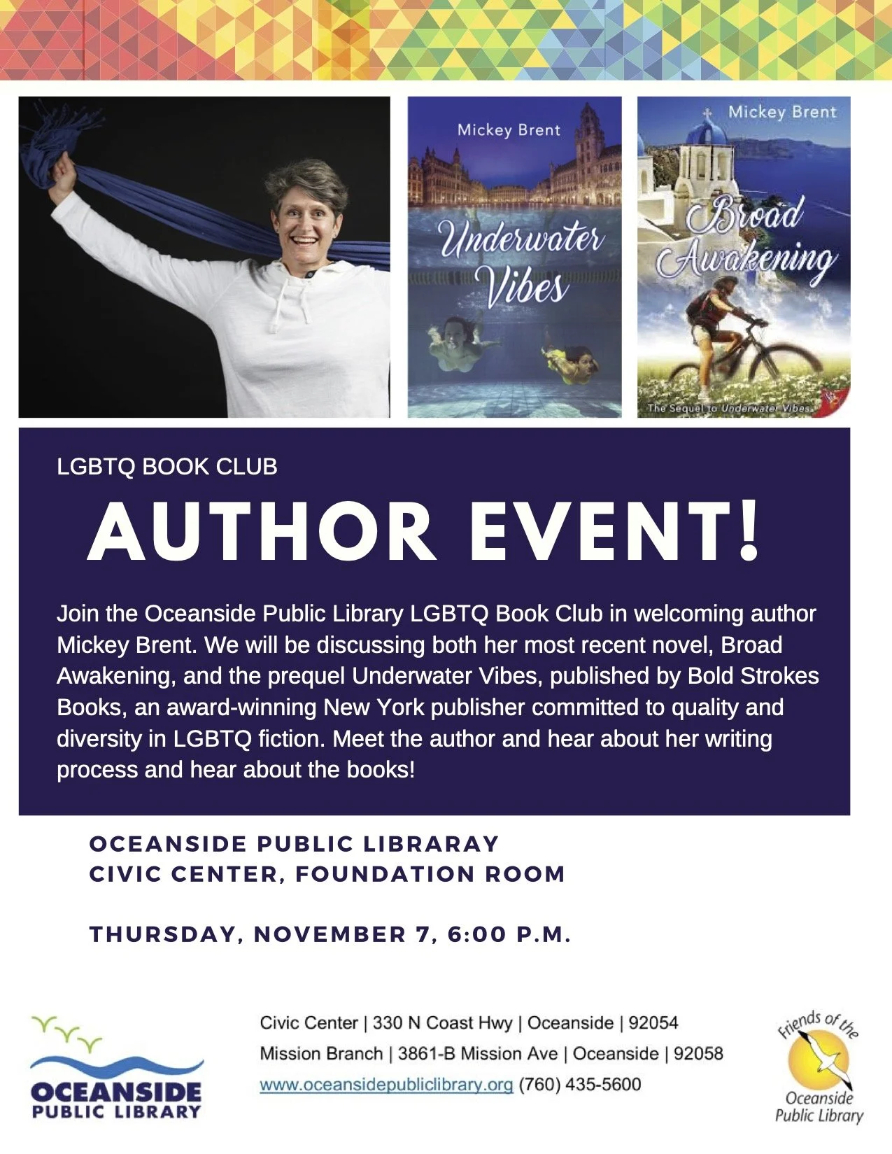 Join the Oceanside Public Library LGBTQ+ Book Club author event with Mickey Brent on November 7th
