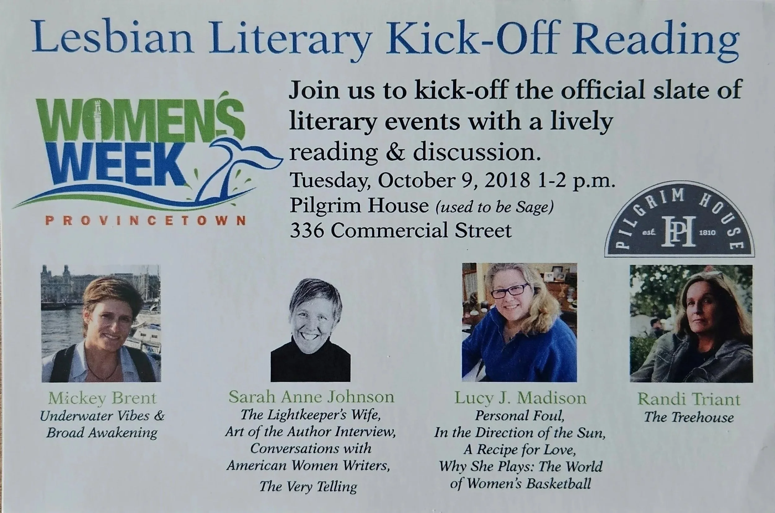 Lesbian Literary Kick-Off Reading, Women’s Week, Provincetown, MA, Oct 9, 2018
