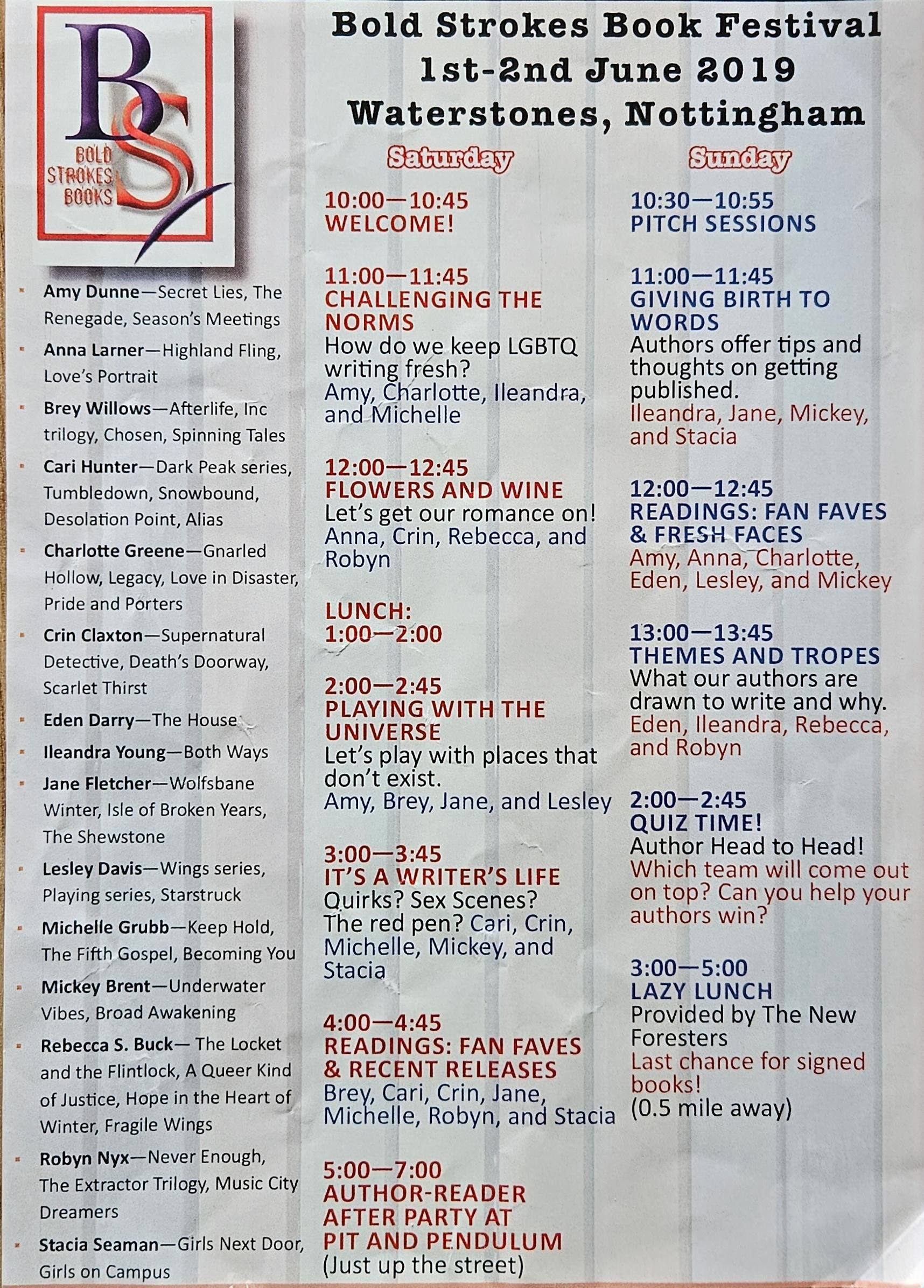 Bold Strokes Books Festival Waterstones Nottingham, UK, June 1-2, 2019