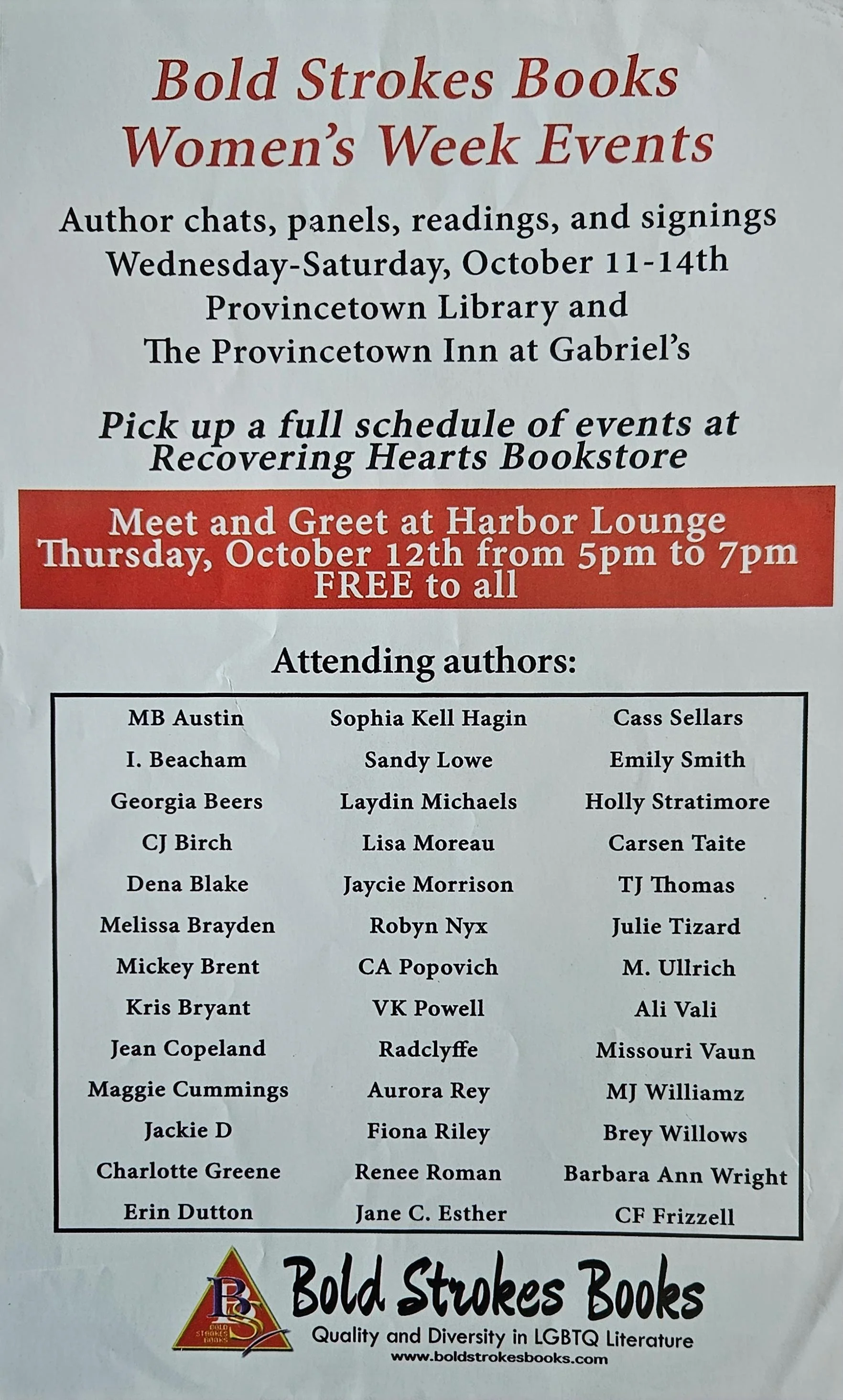 Bold Strokes Books Women’s Week, Provincetown, MA, Oct 11-14, 2018