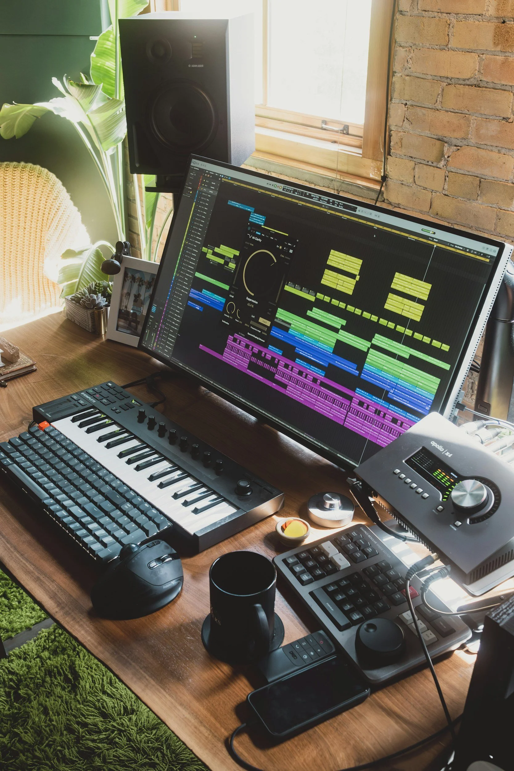 A music production workspace featuring a large computer monitor displaying a digital audio workstation with colorful tracks, a MIDI keyboard controller, a mouse and mouse pad, a mixing controller, speakers, potted plants, and various other electronic devices on a wooden desk near a window with brick wall background.