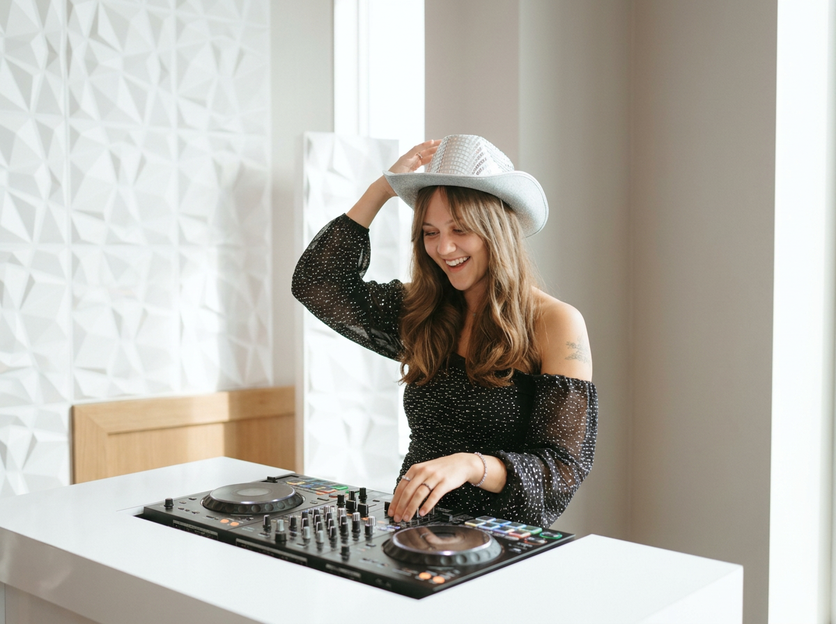 A young woman with long wavy hair, wearing a black off-shoulder dress with sparkles and a white cowboy hat, smiling while DJing with a mixer and turntables in a bright, modern room.