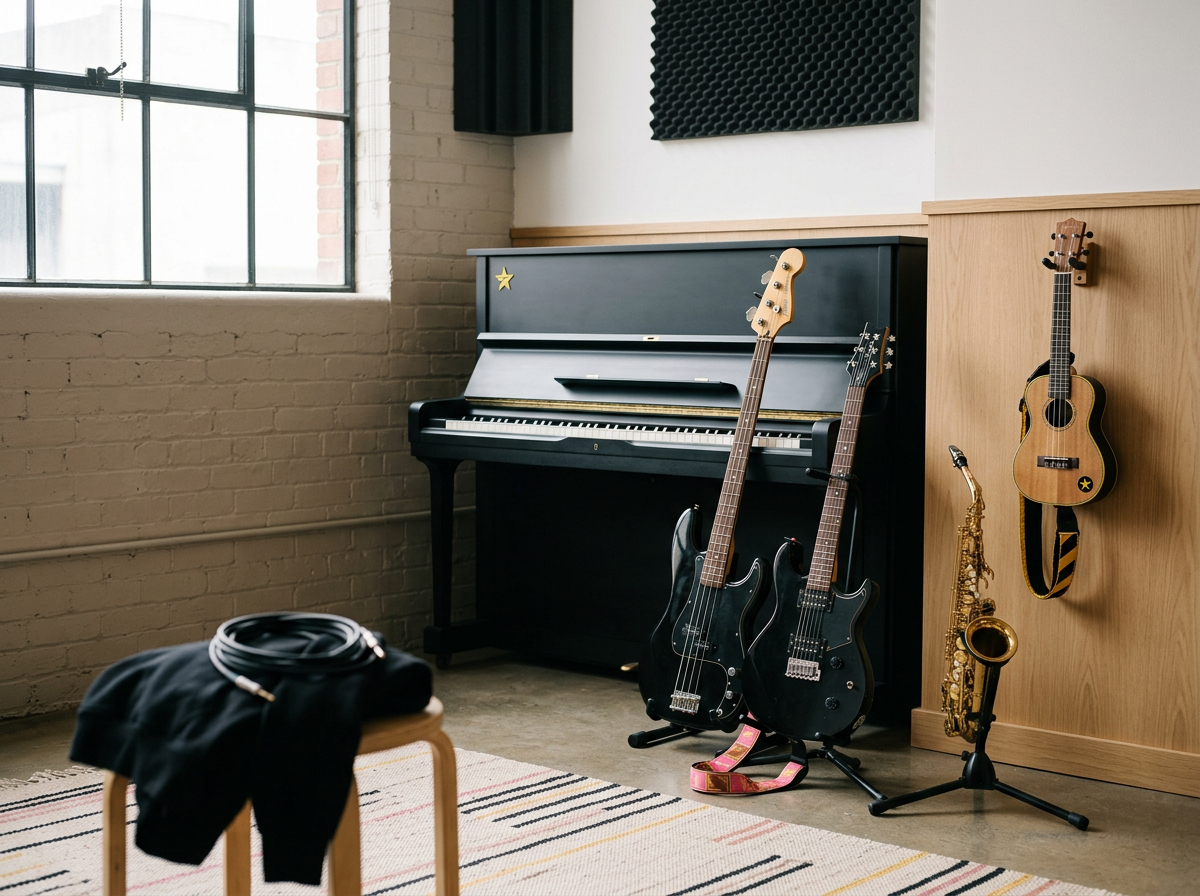 Music room with black upright piano, two electric guitars, an acoustic guitar on the wall, a saxophone, and a black jacket on a stool