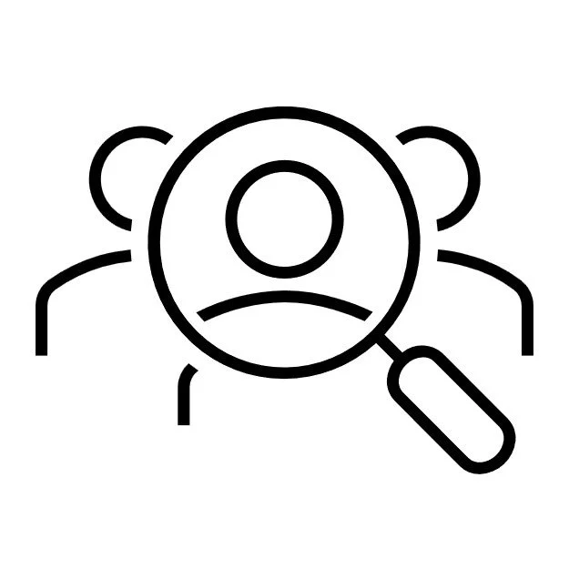 Line drawing of a person with a magnifying glass focusing on their face, indicating searching or examining.