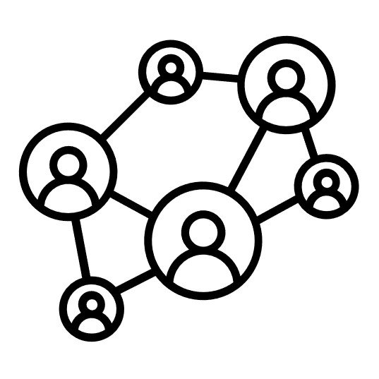 A black and white line drawing of interconnected circles representing a social network or team connections.