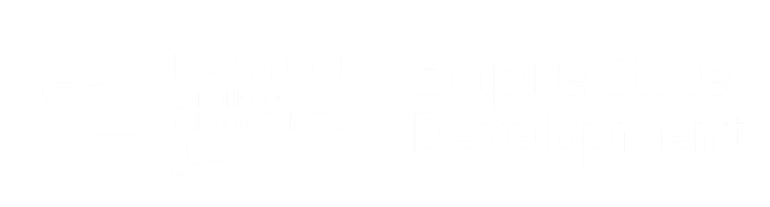 White logo featuring the outline of the state of New York, with text reading 'New York State of Opportunity' and 'Empire State Development' separated by a vertical line.