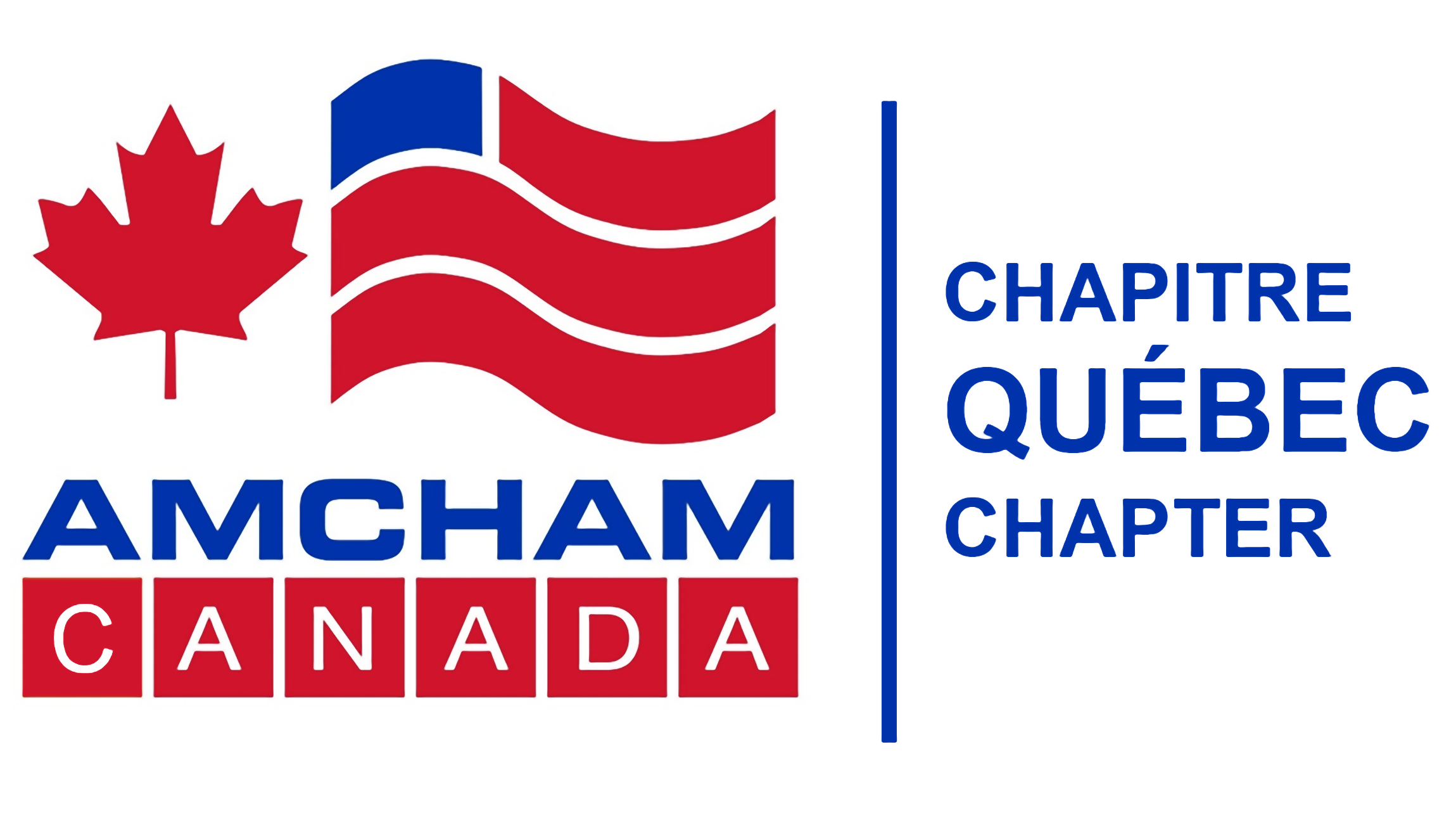 Logo of the AMCHAM Quebec chapter, featuring the Canadian maple leaf, stylized red and blue flags, and text indicating its Quebec chapter in English and French.