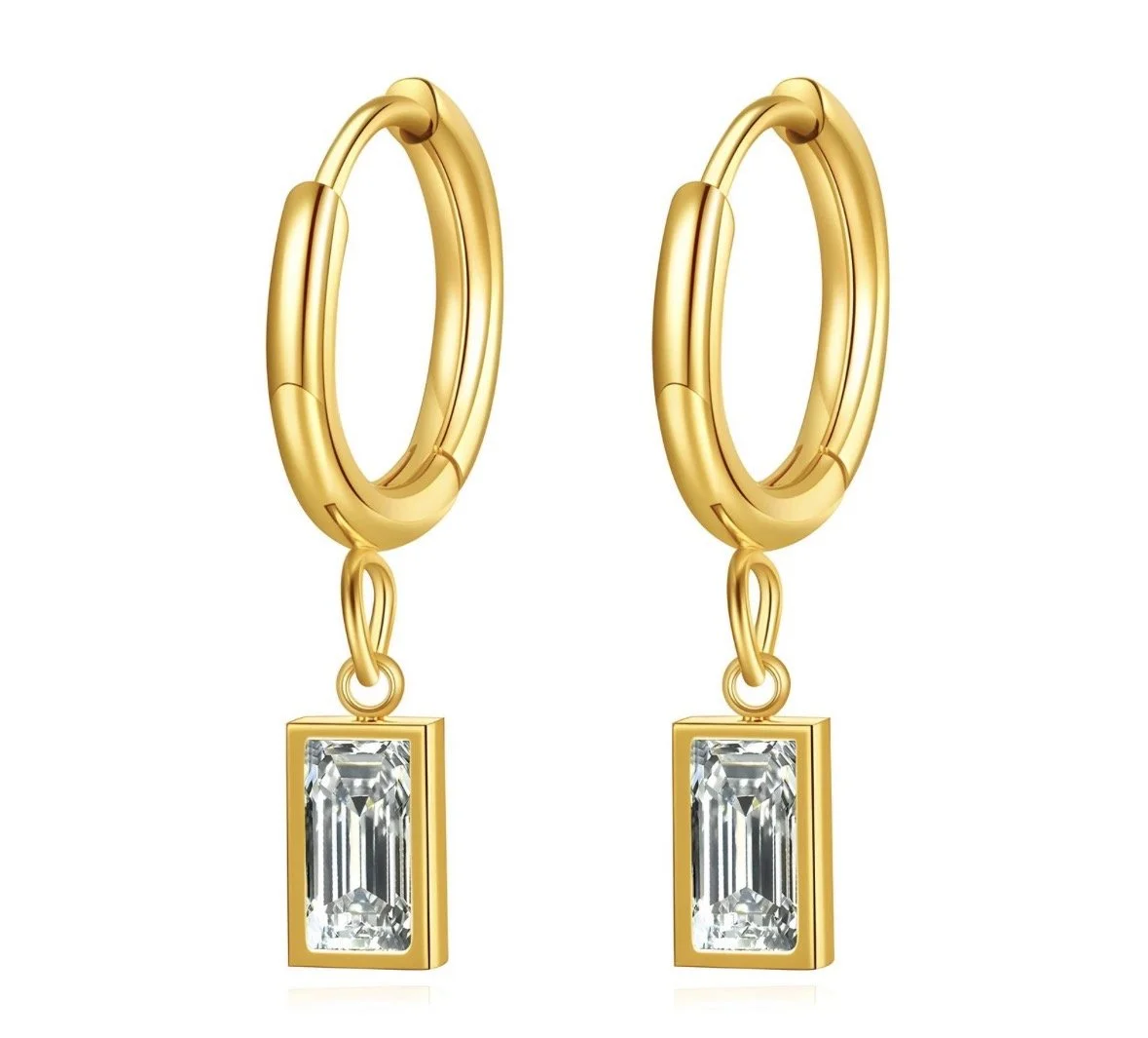 Gold hoop earrings with rectangular clear gemstones hanging from each hoop.