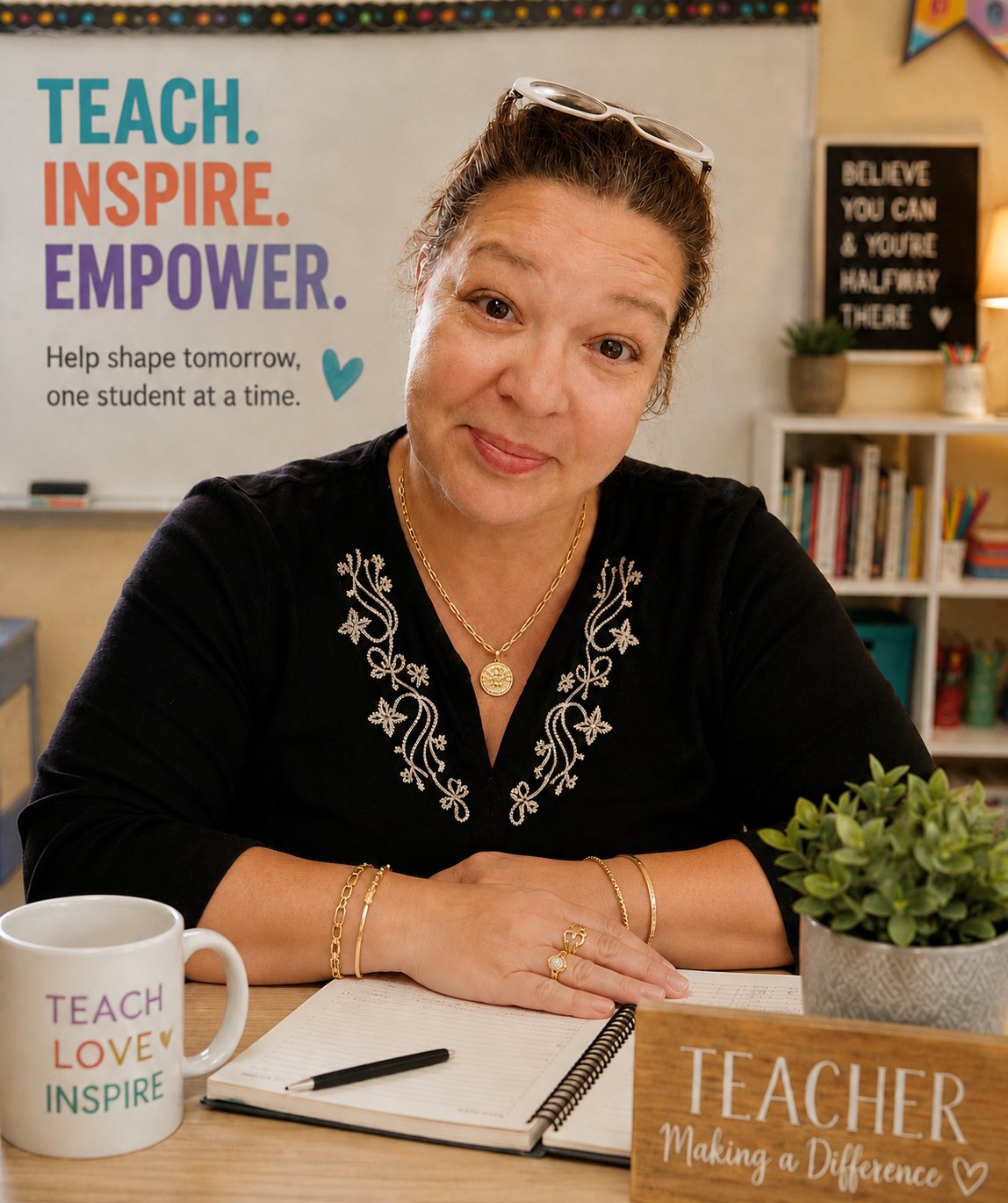 A woman sitting at a desk in a classroom, smiling at the camera. Behind her is a colorful poster that says, "Teach. Inspire. Empower." with a message about shaping tomorrow's students. On her desk are a coffee mug with motivational words, a notebook, and a small plant. A sign on the desk reads "Teacher Making a Difference."