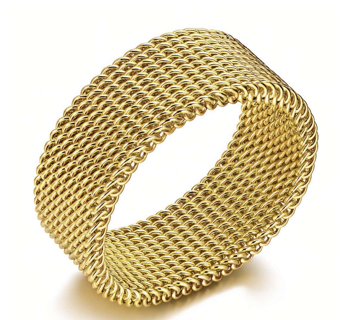 A gold-colored, thick, woven chain ring shaped in a circular form on a white background.