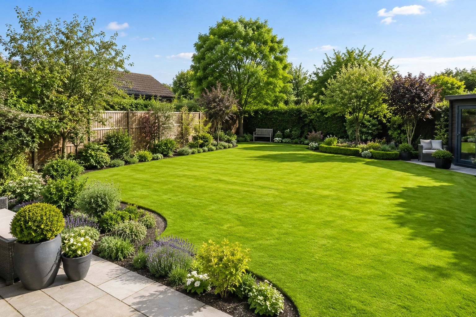 Well-maintained backyard garden with lush green lawn, potted plants, trees, flowering shrubs, and a sitting area with a bench and outdoor furniture under a blue sky.