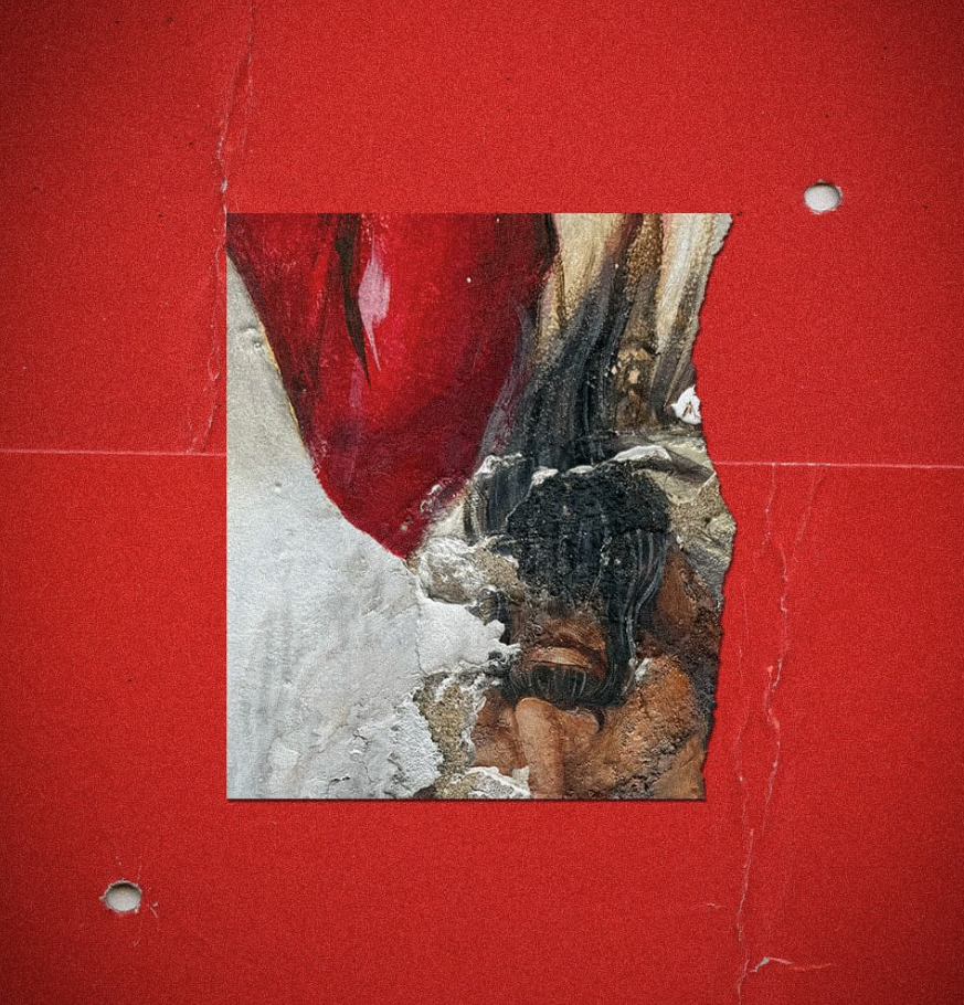 Close-up of a torn, textured paper with a painting underneath, featuring abstract shapes in red, black, white, and brown, mounted on a red background with visible holes and creases.