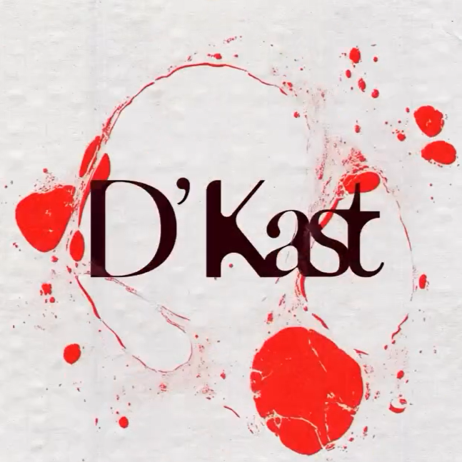 The image features the text 'D'Kast' in a stylized font, surrounded by red paint splatters and streaks on a light background.