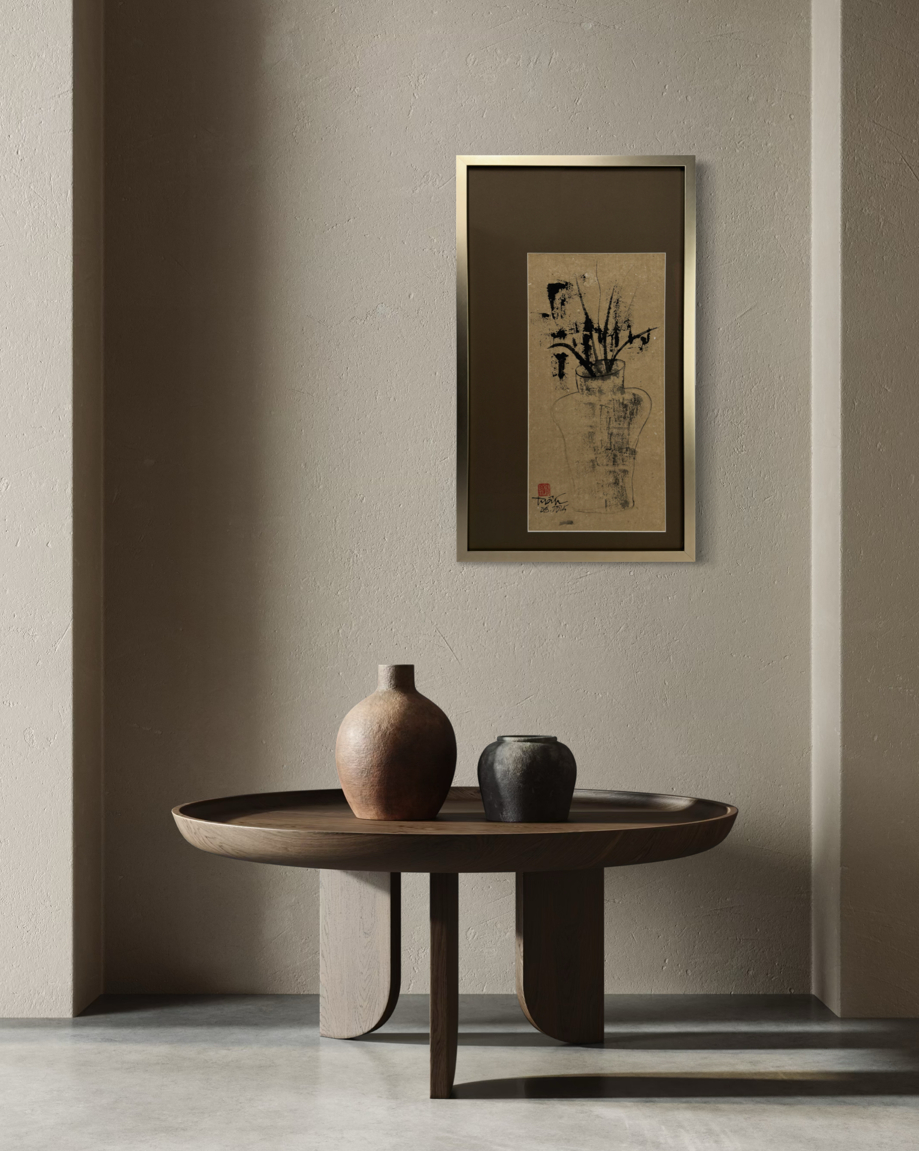 Decorative wall art of a drawing of a flower vase with flowers, hanging on a beige textured wall.