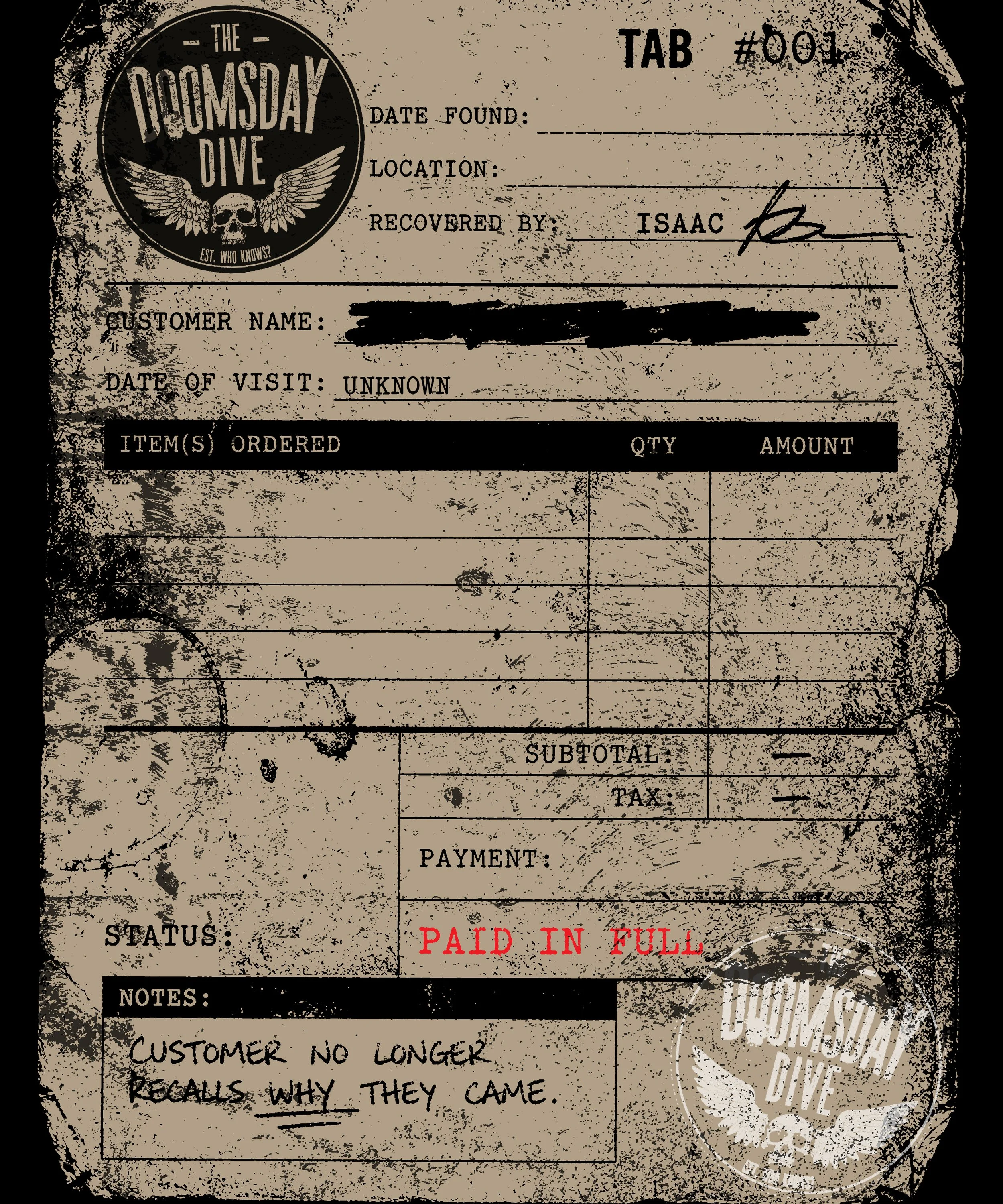 Recovered Doomsday Dive tab from This City Is Fracture, marked paid in full with a note that the customer no longer recalls why they came.