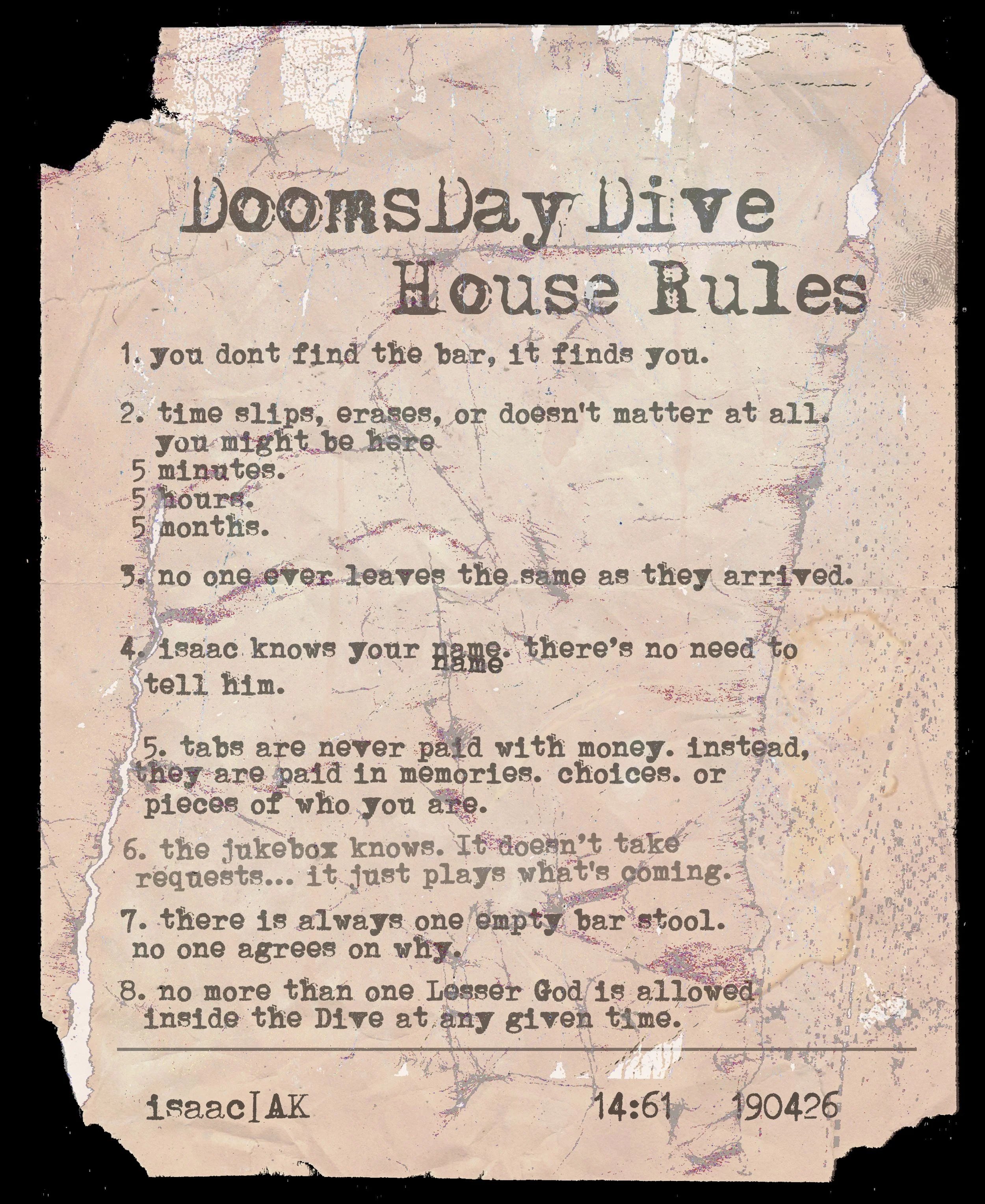 DoomsDay Dive House Rules card from This City Is Fracture.