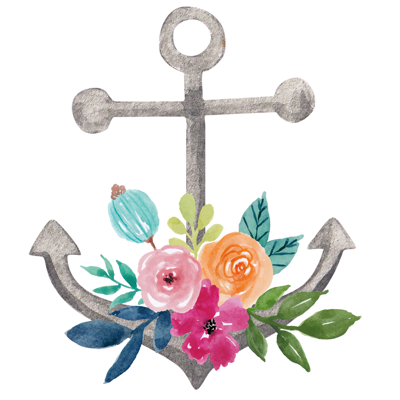 A nautical anchor decorated with colorful watercolor flowers and greenery.