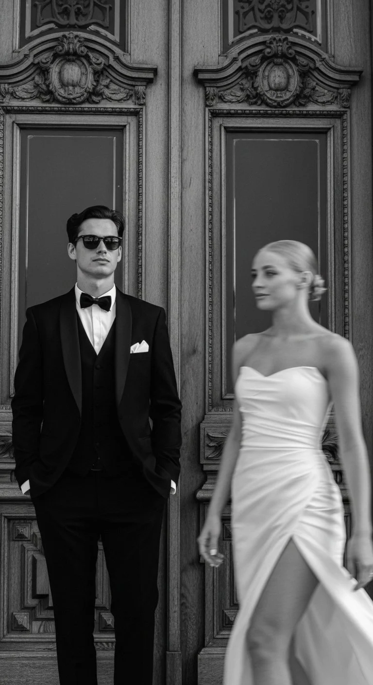 A man in a tuxedo with sunglasses standing with his hands in his pockets next to a woman in a strapless white gown, both in front of ornate wooden doors.