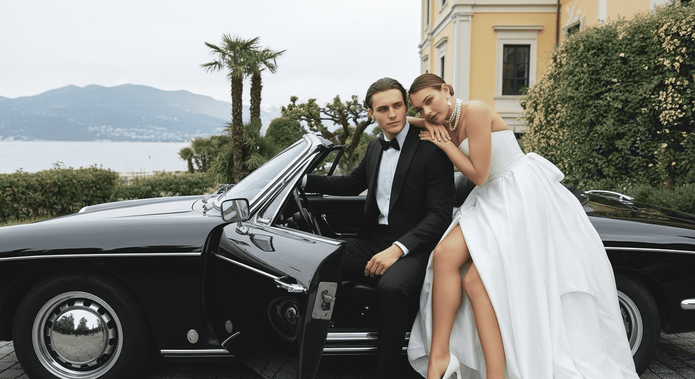 A bride in a white wedding gown and a groom in a black tuxedo sit on the edge of a black vintage car parked outdoors near a yellow building with lush greenery. The bride leans on the groom's shoulder, with a scenic body of water and mountains in the background.