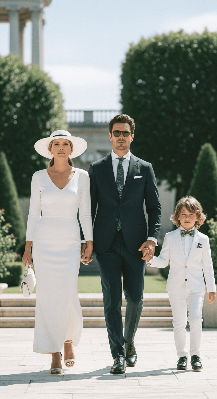 A stylish family of three walking outdoors near a large, elegant building. The woman is wearing a white dress and a wide-brimmed hat, the man is wearing a dark suit with sunglasses, and the young boy is in a white suit with a bow tie, holding hands as they walk.