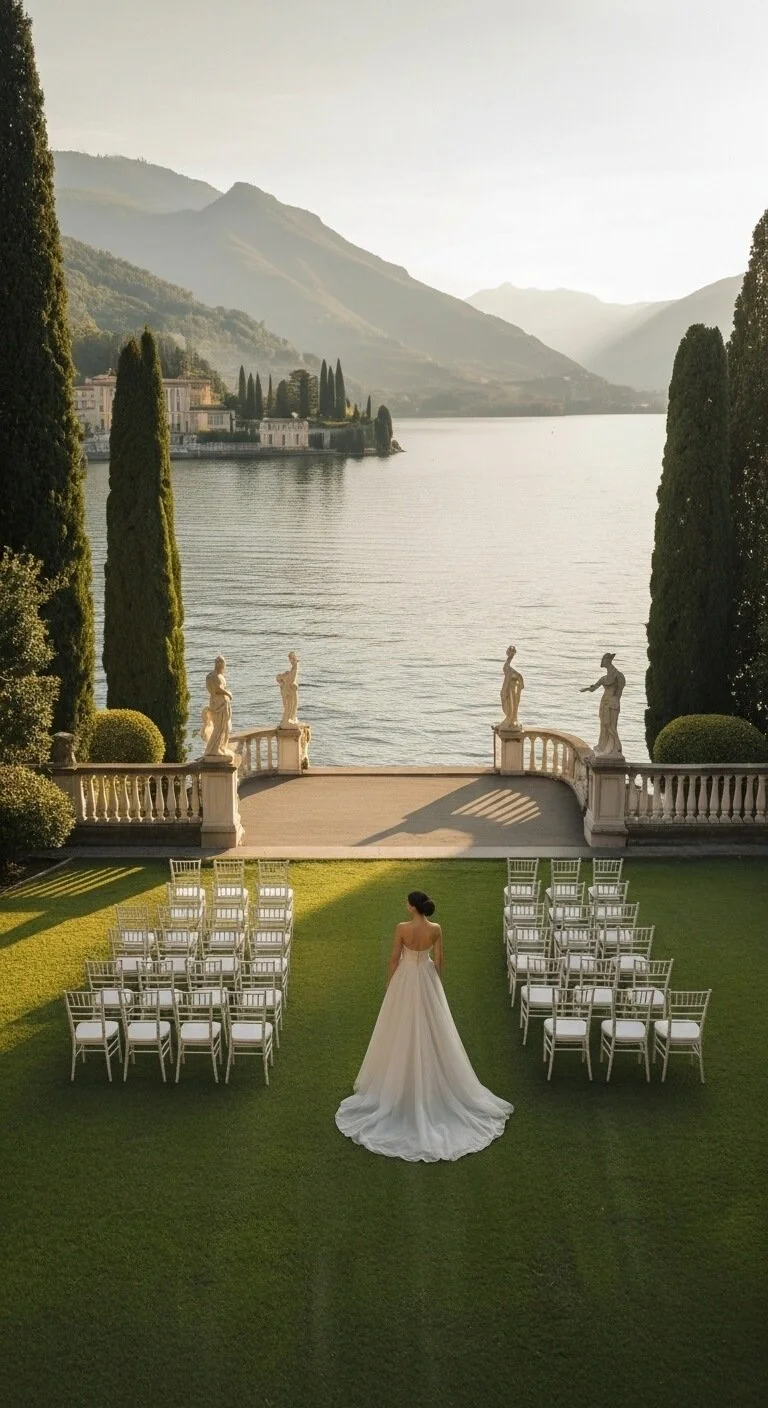A bride in a white wedding dress stands on a green lawn, facing an outdoor ceremony area with chairs, near a lake with mountainous surroundings, and statue decorations along a water terrace.