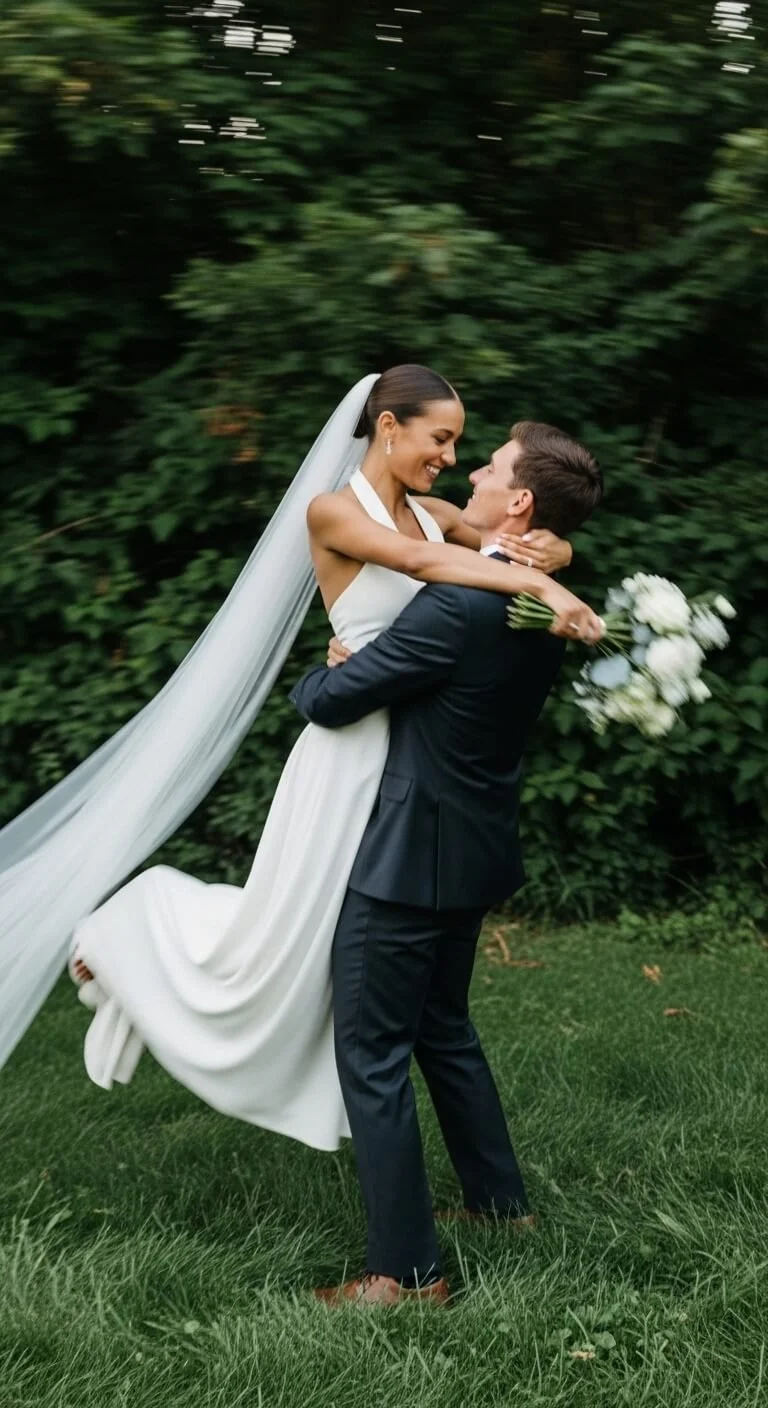A bride and groom are outdoors, with the groom lifting the bride in his arms and both smiling at each other. The bride is holding a bouquet of white flowers, and the background is lush green foliage.