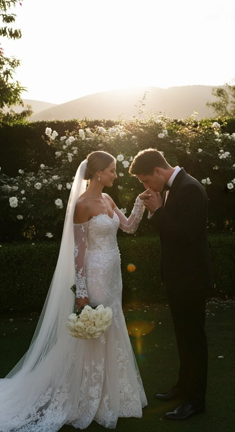 A bride and groom during their wedding, with the bride holding a bouquet of white roses and the groom kissing her hand outdoors at sunset.