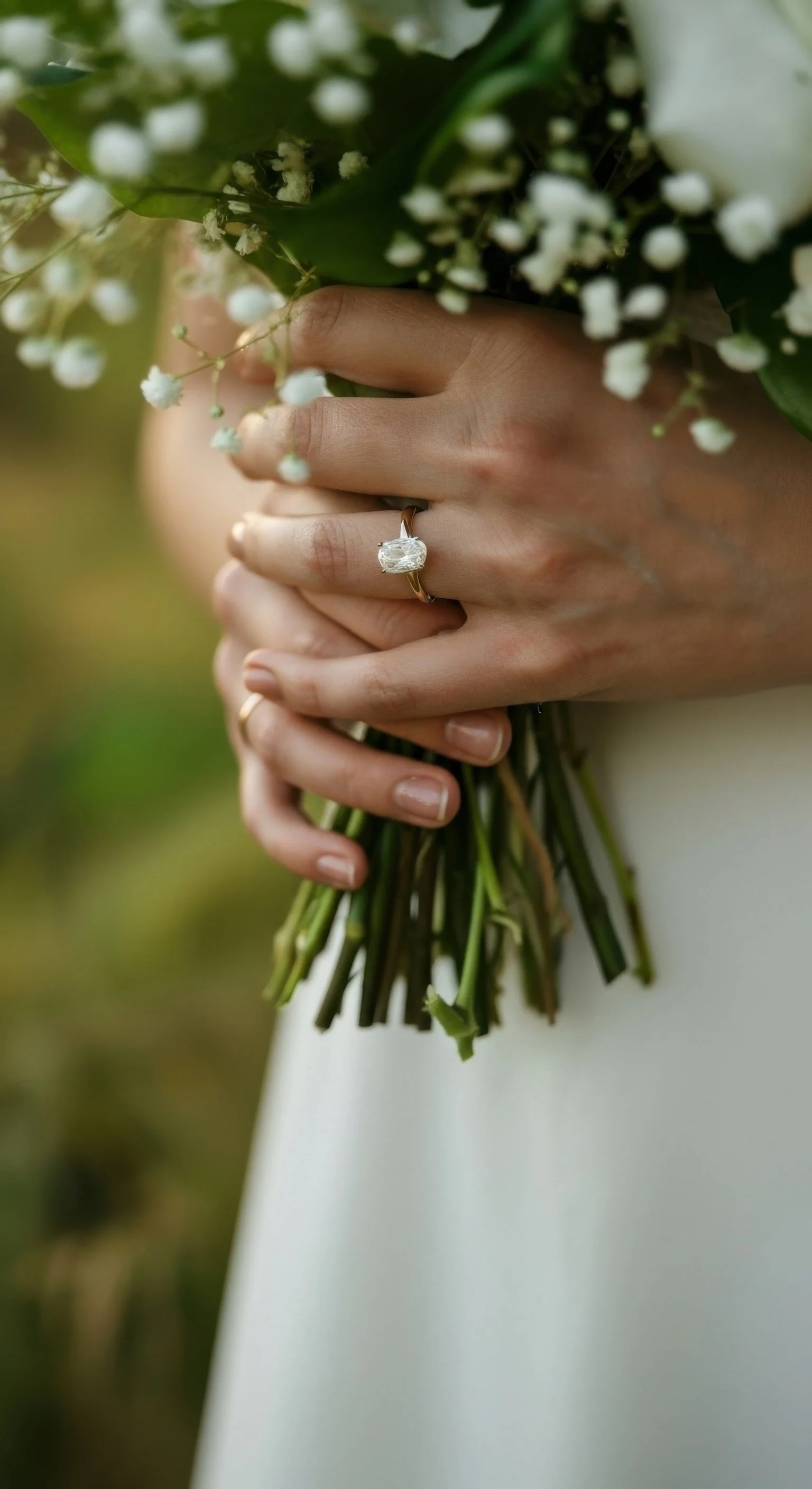 Close-up of a person holding a bouquet of small white flowers and green leaves, with a diamond ring on their finger.