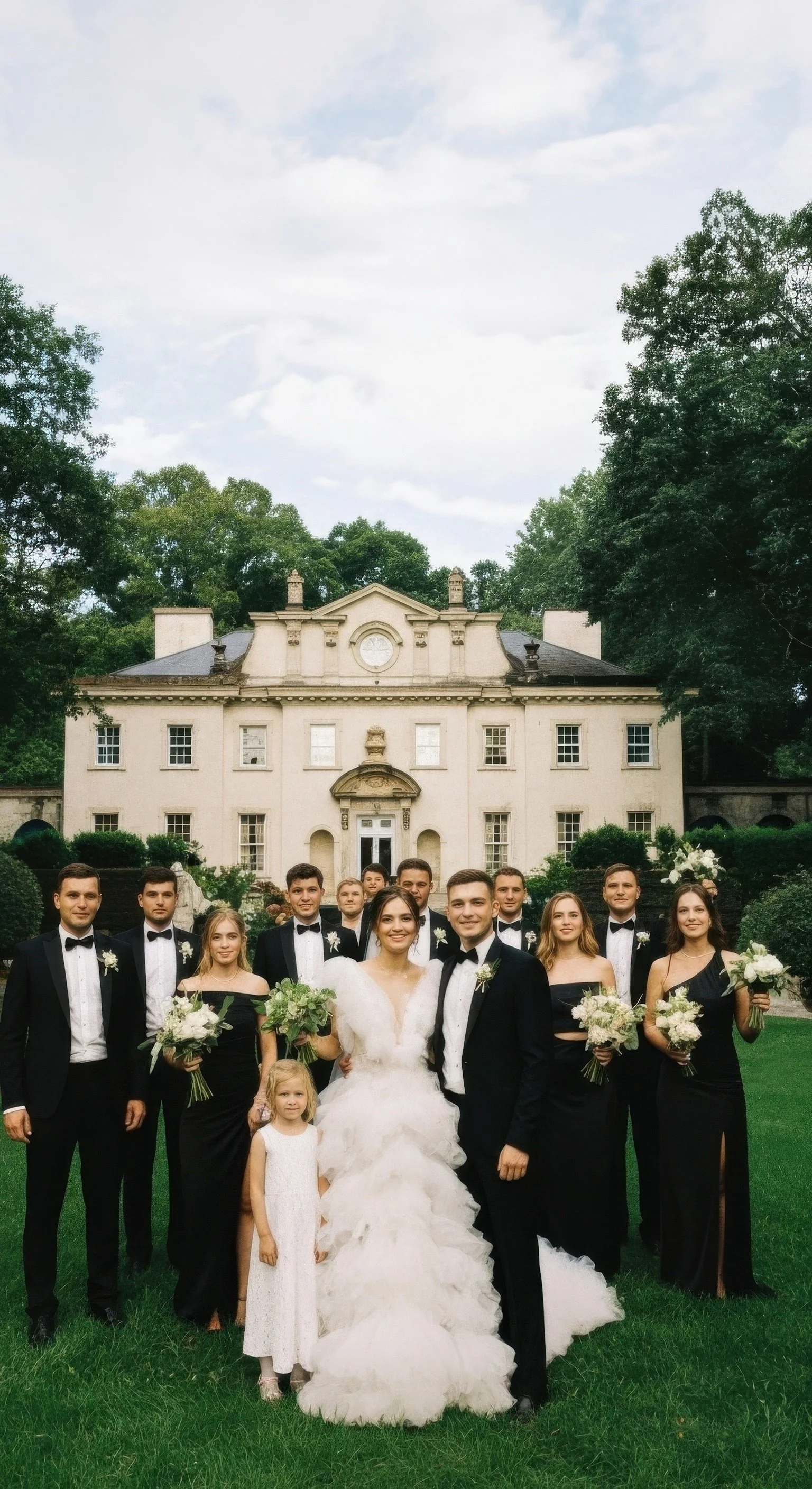 A wedding party standing in front of a large, elegant historic building with trees in the background.