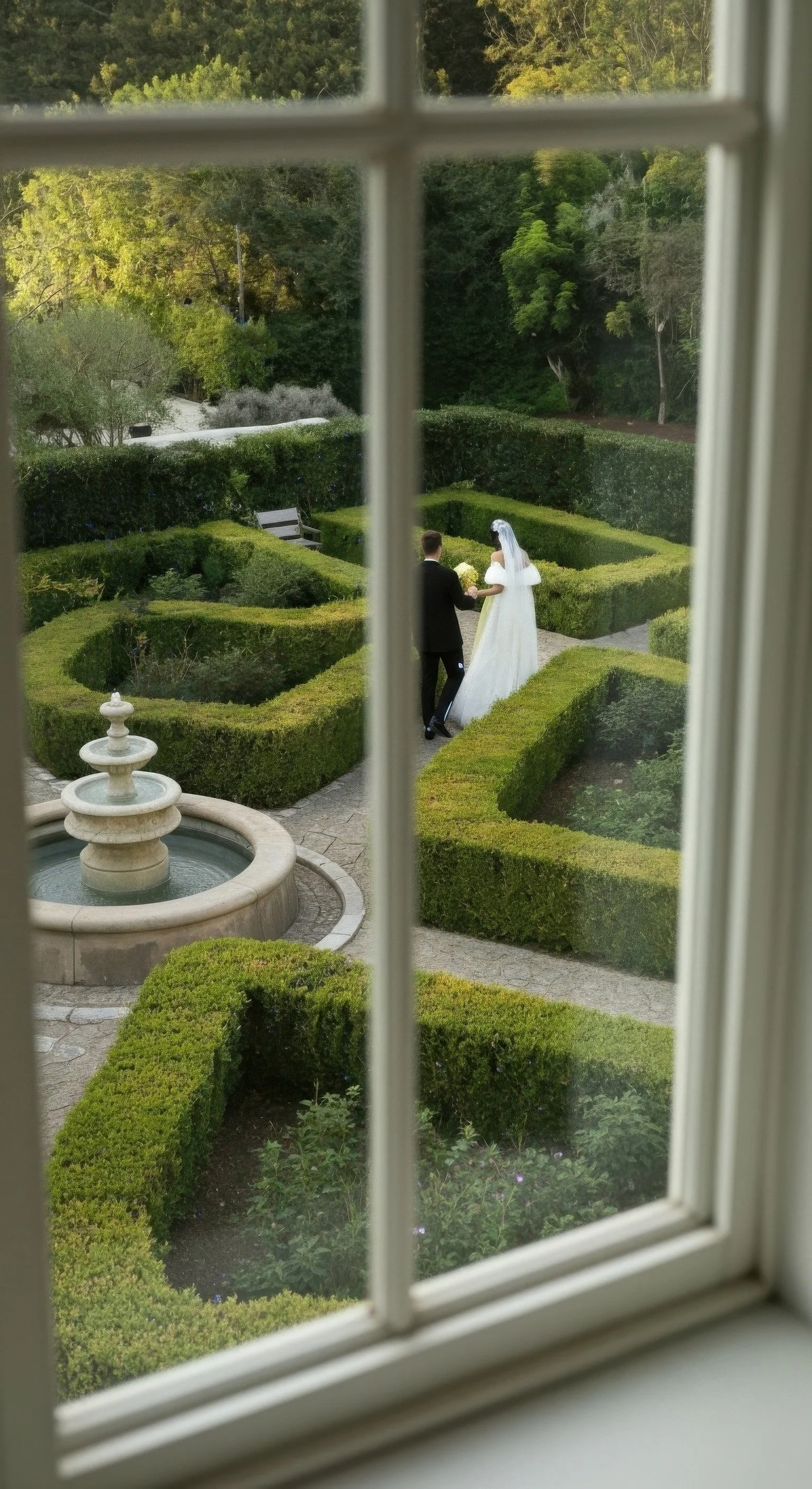 A bride and groom holding hands in a garden, seen through a window with white panes, with trimmed bushes and a fountain.